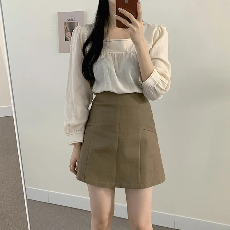 Trajes de primavera para mujer, Blusa de manga larga, Tops de cintura alta, faldas de línea A, trajes de dos piezas, holgados de gran tamaño