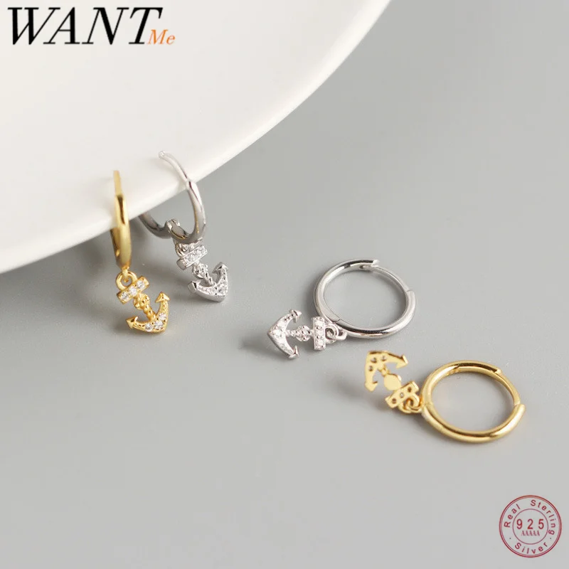 Женские серьги гвоздики в стиле панк якорь WANTME из подлинного стерлингового