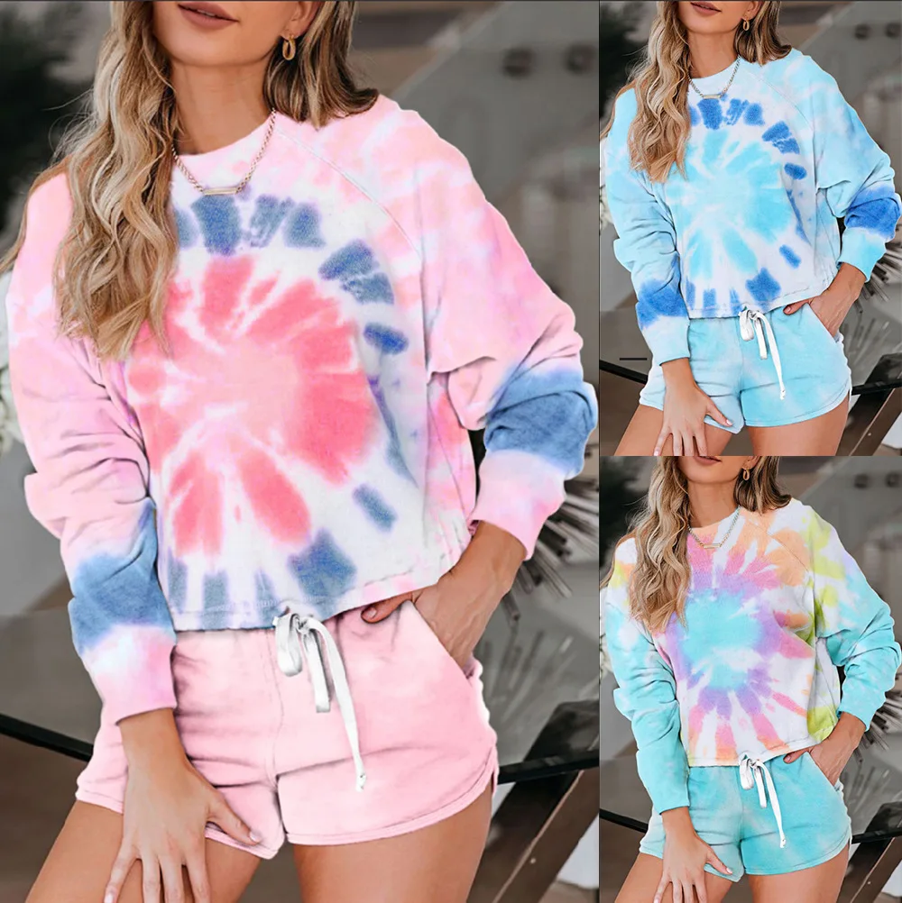 

Newest Women Leisure Tops Two-Piece Sets Autumn Tie-Dye Sets Casual Homewear Sleepwear Pajamas for Women Shoulder Tops Sets