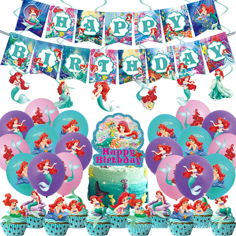 

Disney Mermaid Princess Ariel Balloons Set Girl Birthday Banner Spira Flag CakeTopper Baby Shower Party Decorations Kids Toy