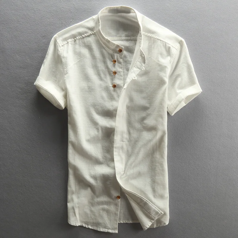 Мужская винтажная рубашка с воротником короткими рукавами из хлопка льна белого