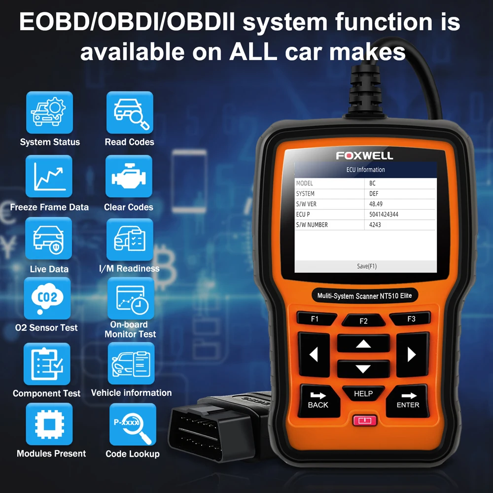 Сканер FOXWELL NT510 Elite OBD2 автомобильный диагностический прибор для сброса масла SRS ABS