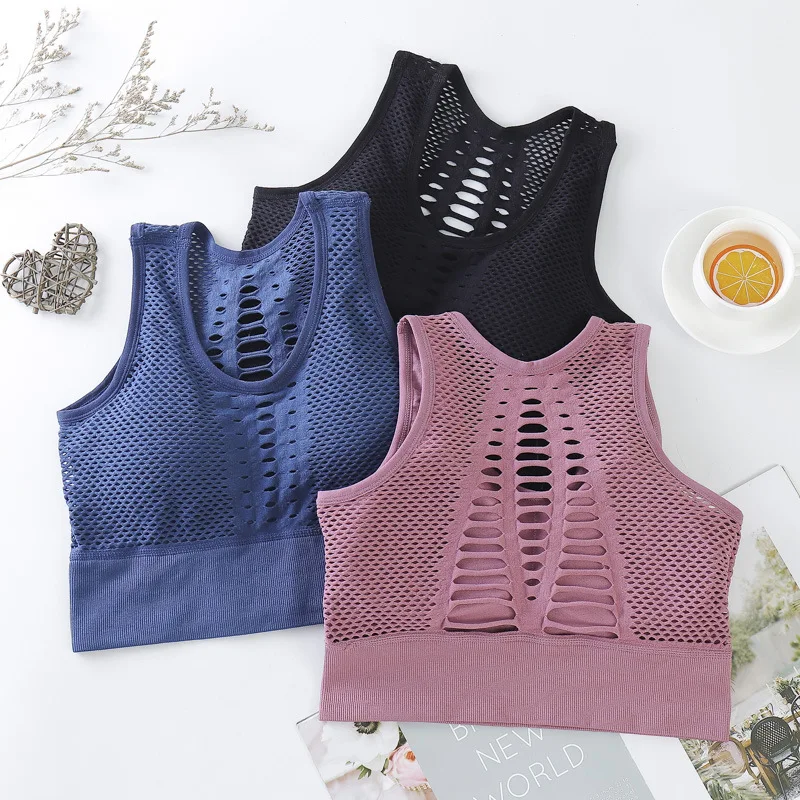 

Mesh Sports Bra Hollow Out Sport Top Seamless Fitness Yoga Bras Women Gym Top Padded Running Vest Shockproof Push Up Crop Top