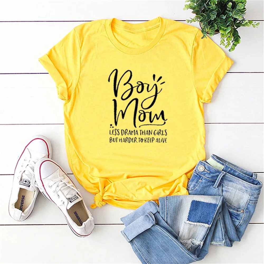 Футболки с надписью Boy Mom LESS DRAMA THAN GIRLS размера плюс женские футболки топы|Футболки|