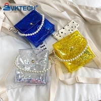 fashion transparent shoulder messenger bag women pearl chain flap handbag purse summer girl daily underarm bag purses