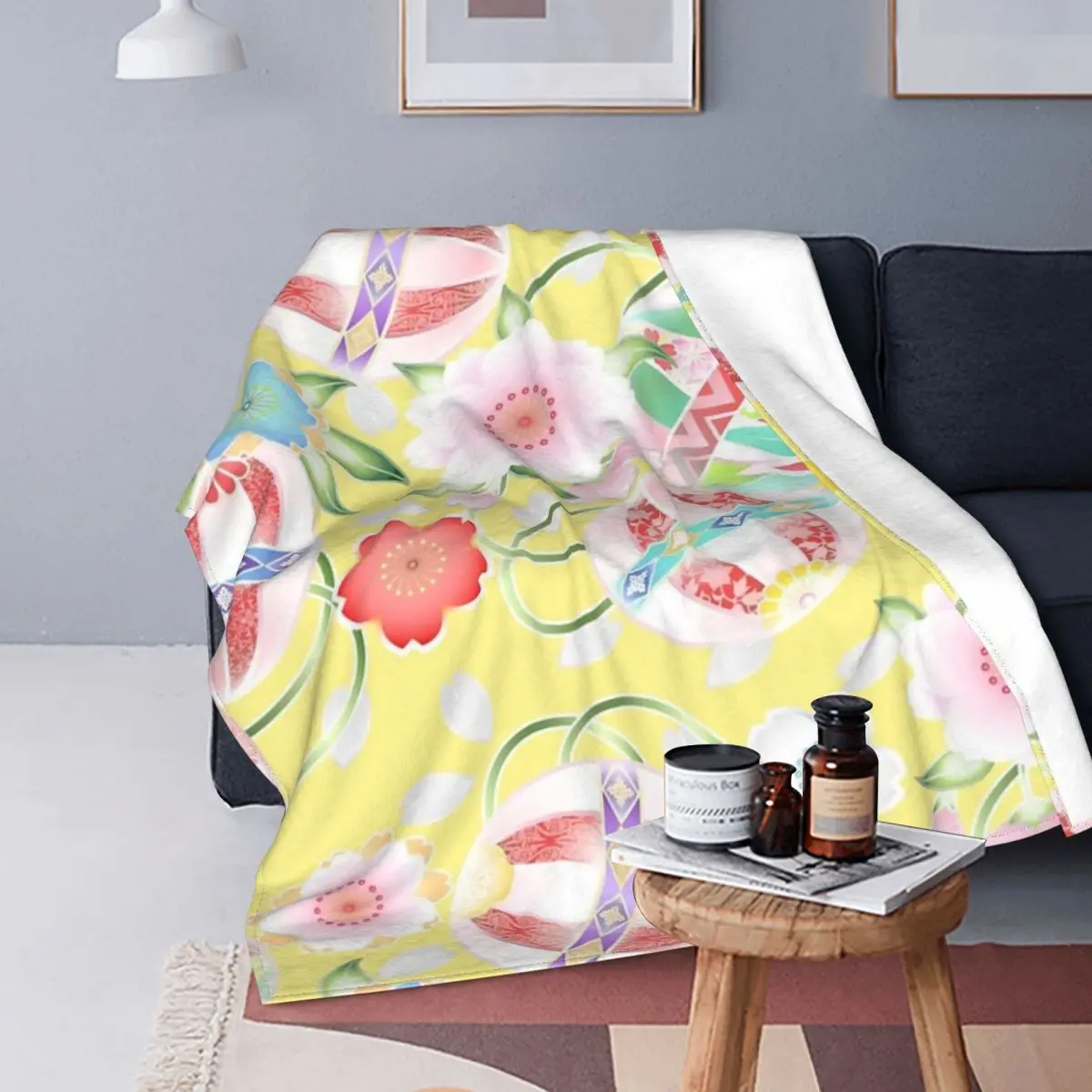 

Manta japonesa de flores de cerezo y Kemari, colcha a cuadros para cama, sofá, cubierta de playa, manta doble en la cama