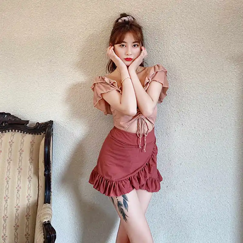 Женский сплошной купальник с юбкой слитный в японском и южнокорейском стиле