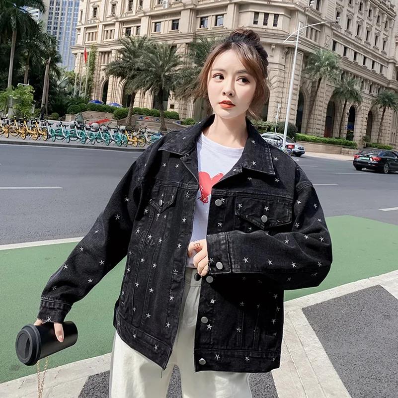Женская джинсовая куртка свободная с вышивкой в виде звезд новинка весны 2021 |