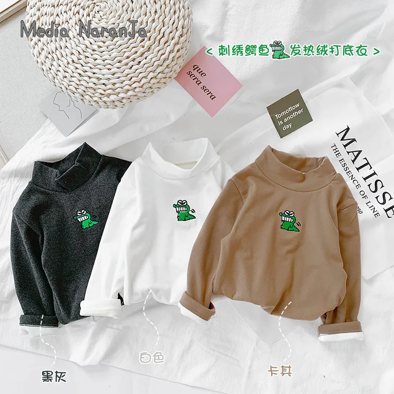 

Baby boy girl children Korean style embroidered alligator velvet undergarment turtleneck long sleeve winter clothes T-shirt