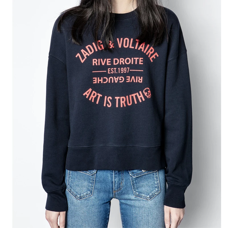 

2021 French Chic 100% Cotton Women Pollovers Hoodie Letter Embroidery Green/Black/white/Red O-Neck Loose Long Sleeve Sweatshirt