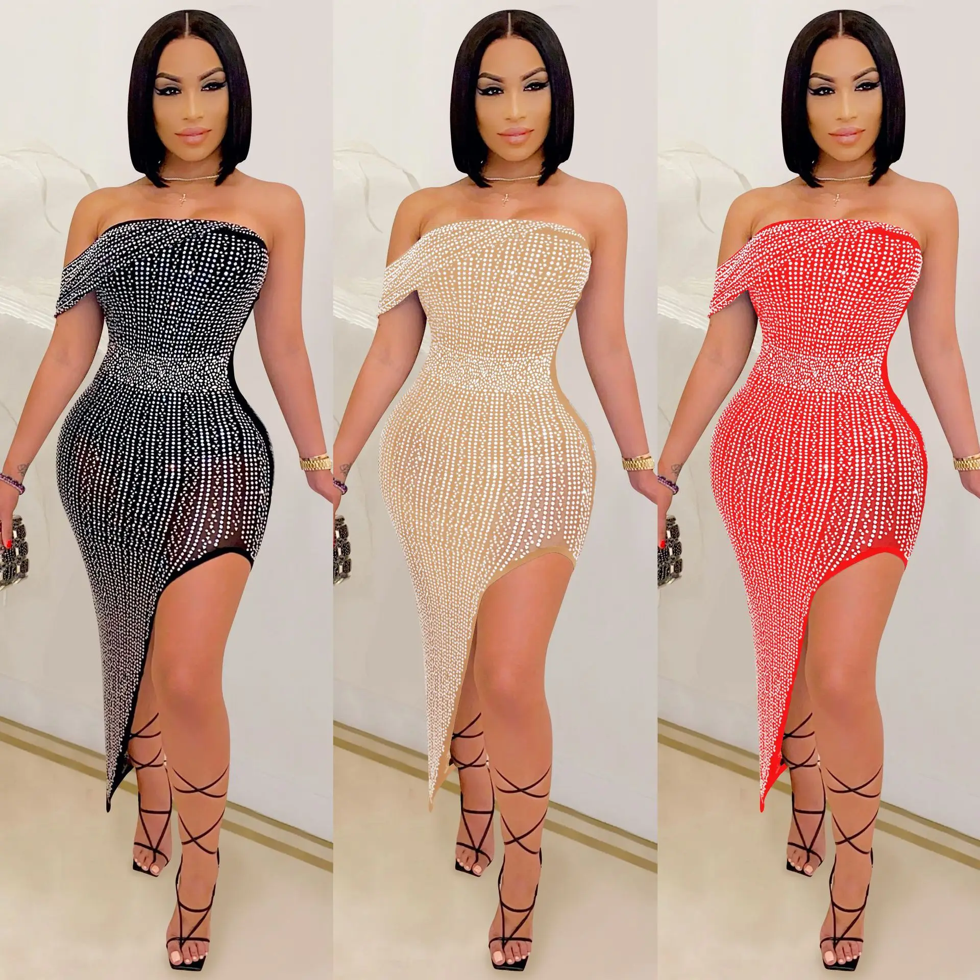 

Rhinestone Evening Dress Women Sexy Mesh Wrapped Chest Slash Neck Sleeveless Irregular Women's Dress Party Nightclub Outfits