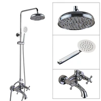 polished chrome brass dual cross handles wall mounted bathroom 8 round rain shower head faucet set bath tub mixer taps mcy358