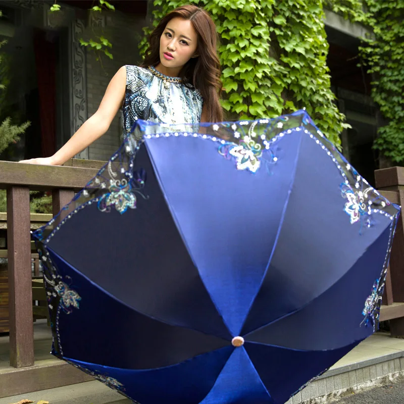 Creative all steel 8 bone umbrella stand sun umbrella sunscreen anti-UV lace embroidered umbrella female tri-fold umbrella