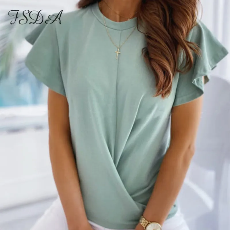 Женская футболка с оборками и коротким рукавом круглым вырезом | одежда