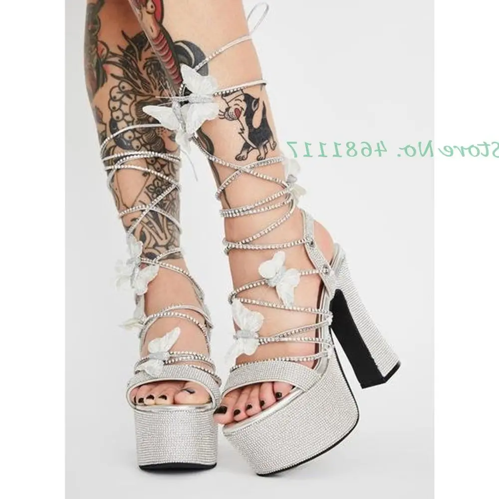 Женские босоножки на платформе серебристые сандалии с открытым носком массивном