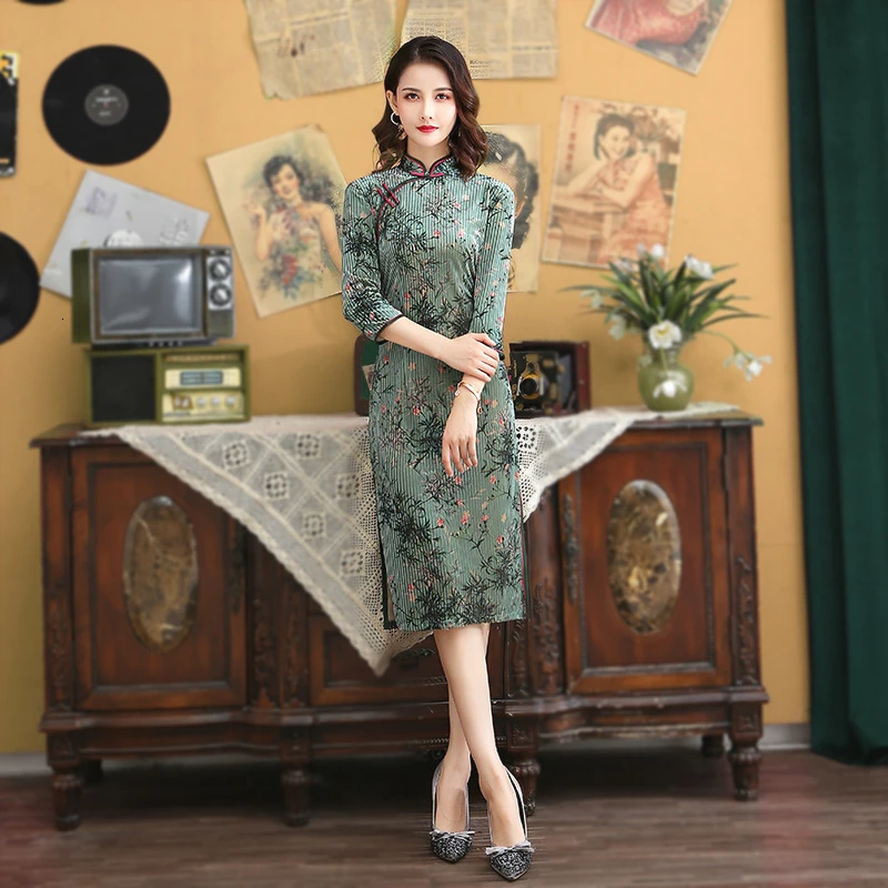 Sheng Coco женское зеленое винтажное Плиссированное Cheongsam традиционное бархатное