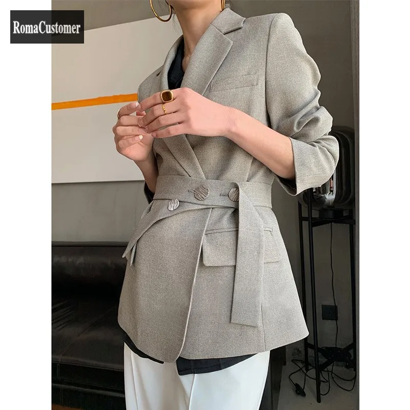 

Gray Suits Outerwear Womens Spring Autumn New Korean Casual Plaid Blouse Office Lady Slim Spliced Solid Long Sleeve Jackets