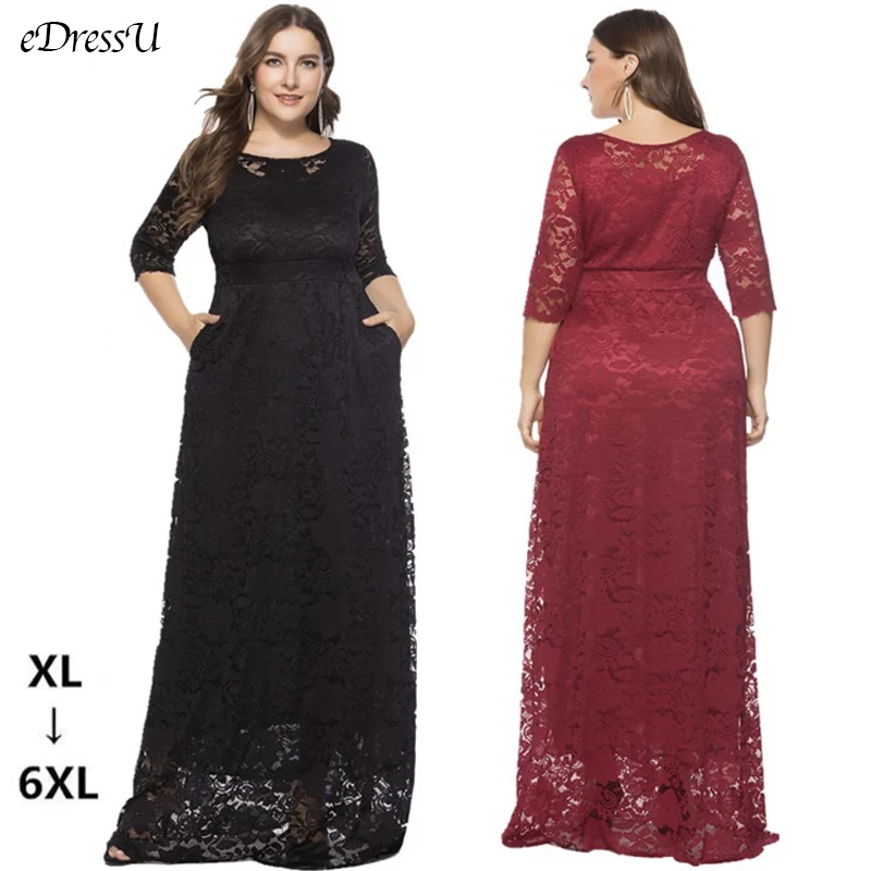

eDressU 2021 Plus Size Lace Evening Party Dress High Quality Women Elegant Black Burgundy Formal Wedding Guest Dress SQ-0092