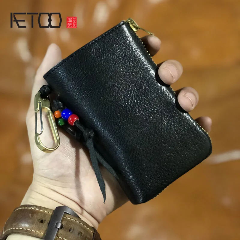 Кожаная сумка для ключей AETOO мужская кожаная с отделениями карт винтажная медная