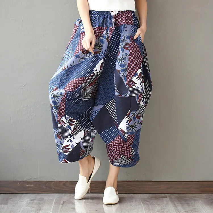 

Print Plus Size Casual Vintage Wide Leg Cotton Linen Shorts Women Elastic High Waist Lantern Harem Shorts Pantalones Trousers