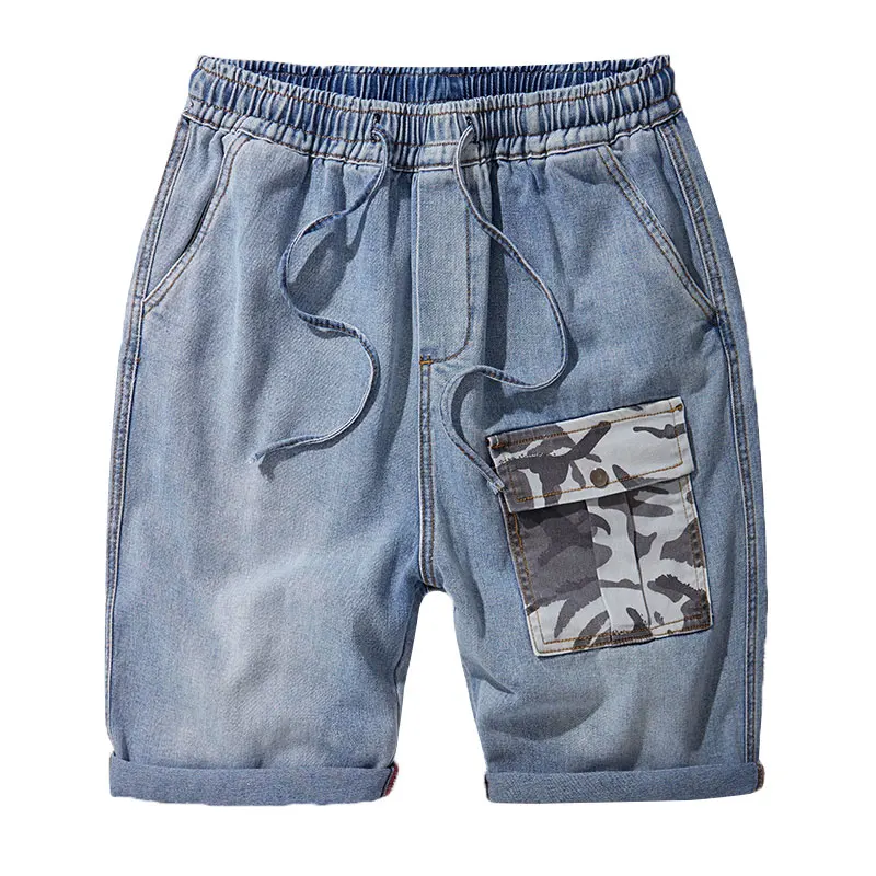 

SHAN BAO Elastic Waist Drawstring Loose Straight Denim Cropped Pants 2021 Summer Brand Men's Lightweight Cotton Hip Hop Jeans