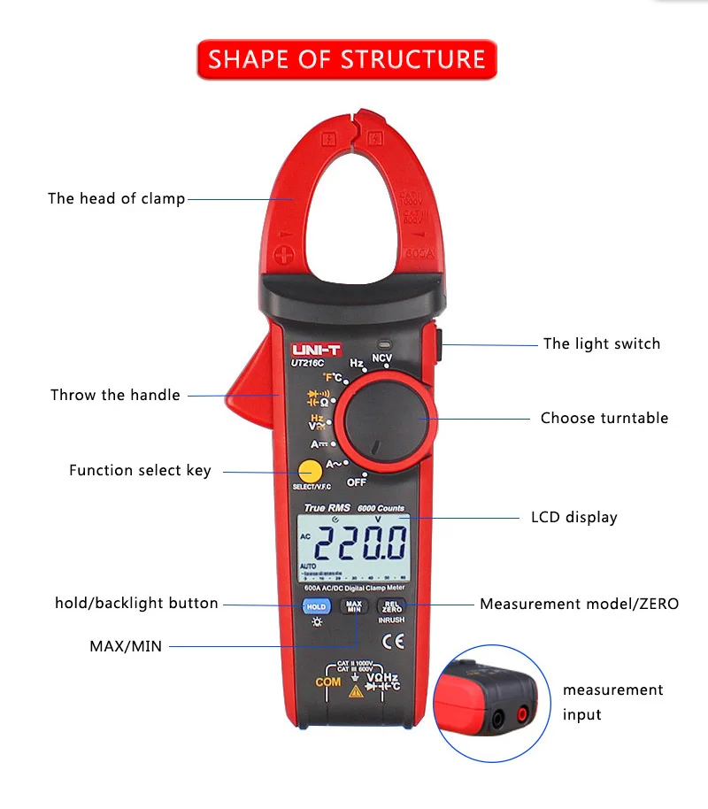 Частота емкость температура и NCV цифровой тестовый клещи True RMS AC DC Тест Авто Диапазон мультиметры UNI-T UT216C 600A