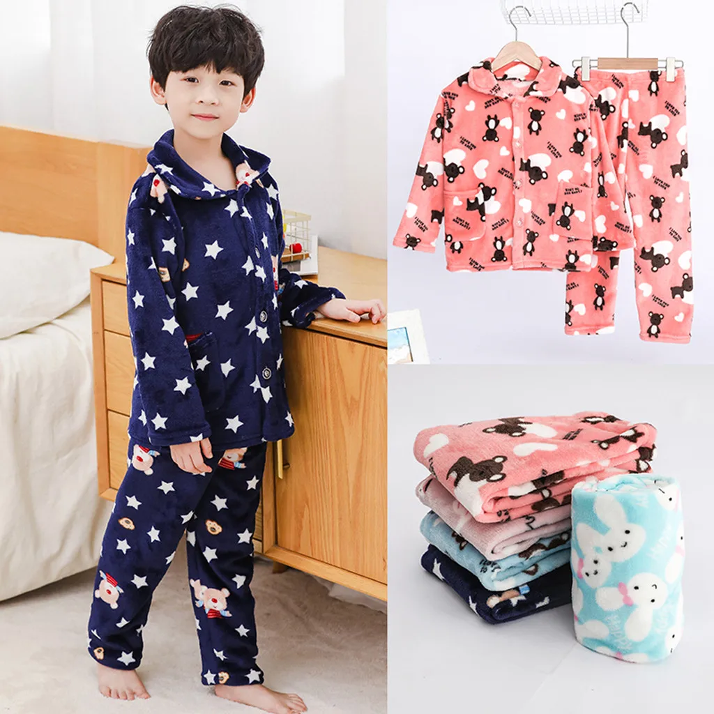Теплые пижамные комплекты с длинными рукавами для маленьких мальчиков и девочек