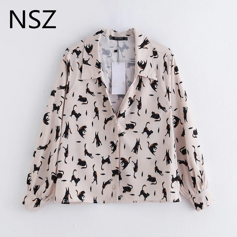 NSZ женская блузка с принтом животных длинным рукавом и отложным воротником