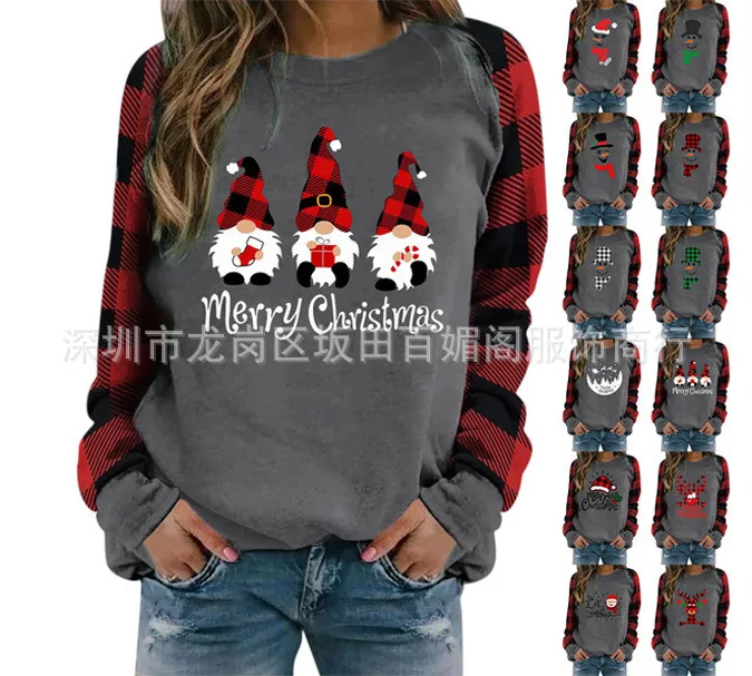 

Christmas New Spring and Autumn Plaid Print Round Neck Long-sleeved Top T-shirt