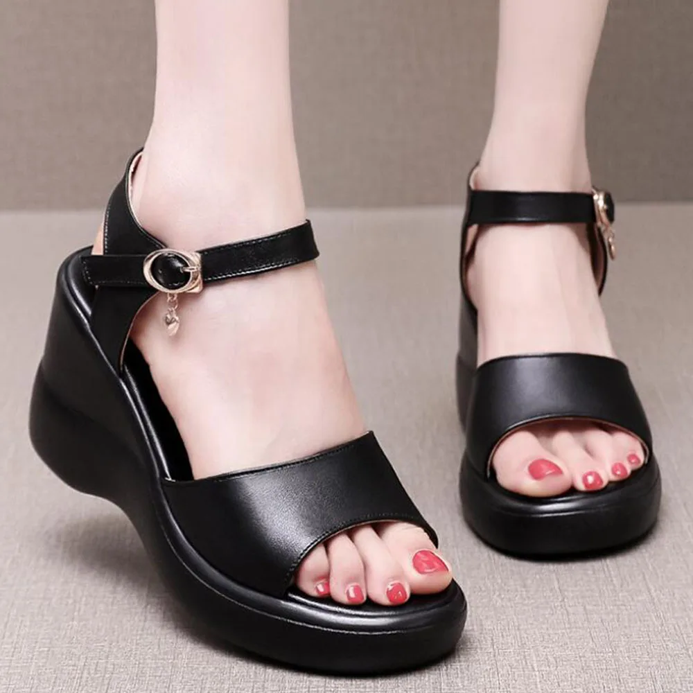 

2021 for Dropship Big Size Fashion Leisure Office Lady Black Platform Comfy Walking High Heels Summer Sandals Wedges Shoes Woman