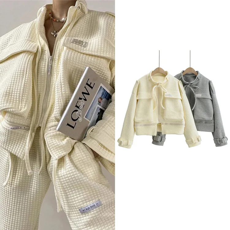

2021 feminino korean abrigos mujer Zipper design cropped jacket autumn women large pocket plaid top za người phụ nữ áo khoá