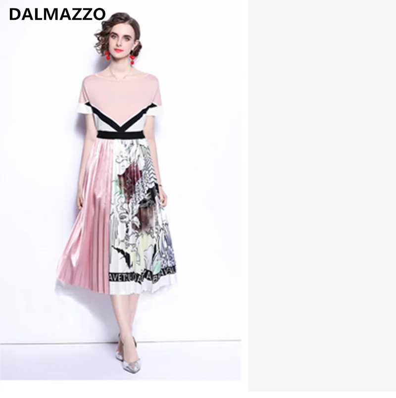 

S-2XL Women's Skirt Summer Suits Clothes Stitching Color Knit Pullovers Tops + Printed Pleated Long Skirt 2 Pieces Sets Femme