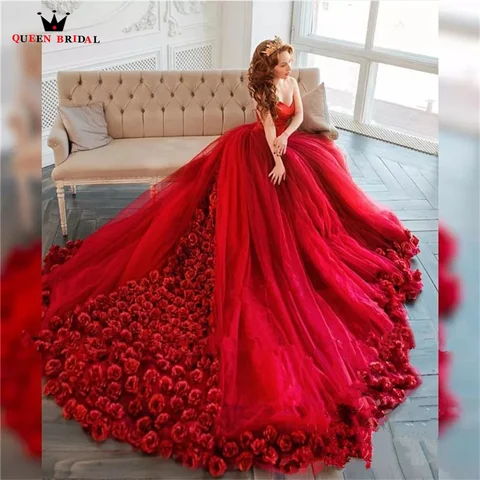 Винно-красное свадебное платье, бальное платье с большим шлейфом, фатиновое роскошное официальное платье невесты с 3D цветочной аппликацией, индивидуальный пошив JY69