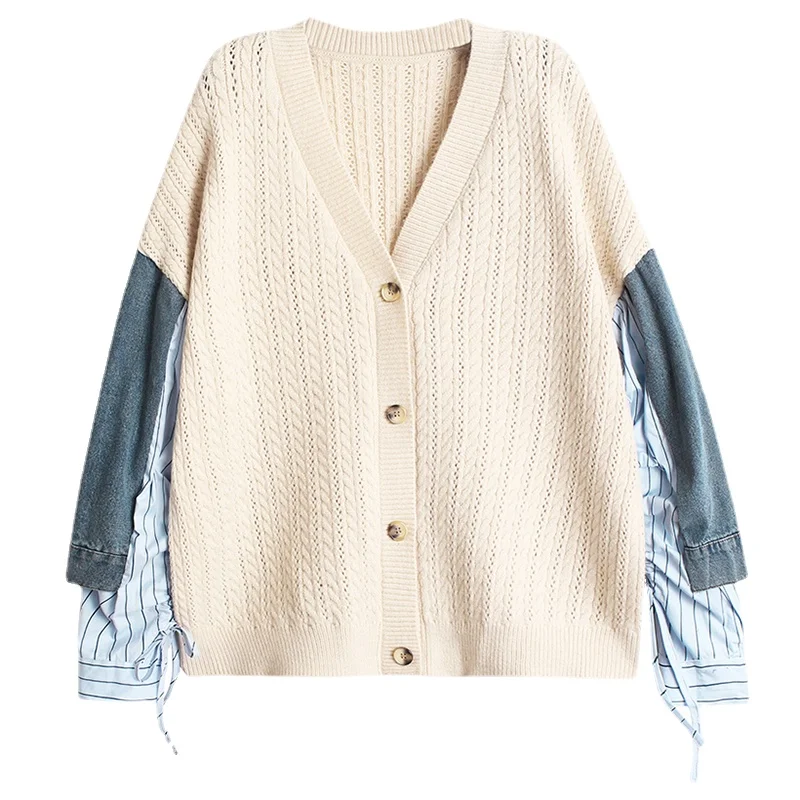 

Denim Striped Big Size Knitting Cardigan Women's Sweater Loose Fit V-Neck Long Sleeve New Fashion Autumn Winter 2021 Sweaters