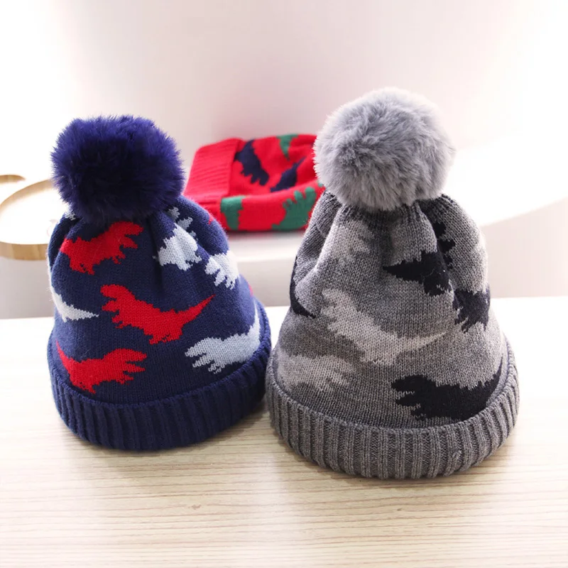 Шапка вязаная детская осенне-зимняя с помпоном и динозавром шапка для малышей |