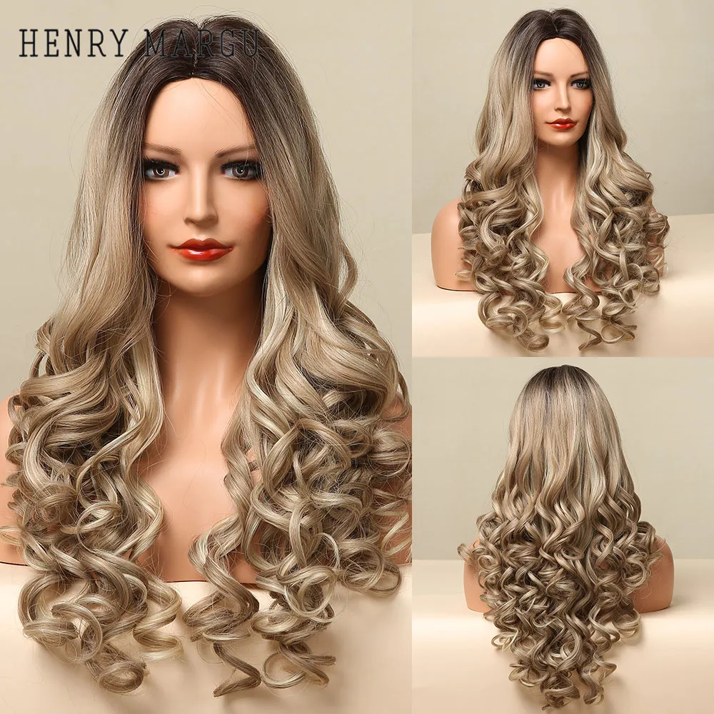 

HENRY MARGU Long Natural Wave Wigs Ombre Black Brown Blonde Highlight Synthetic Wig for Women Party Middle Part Heat Resistant