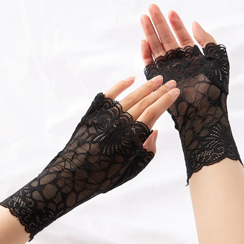 

Summer Half Finger Women Sexy Lace Gloves Drive Sunscreen Cover Scars Breathable Mesh Short Cosplay Lattice Fashion Personality