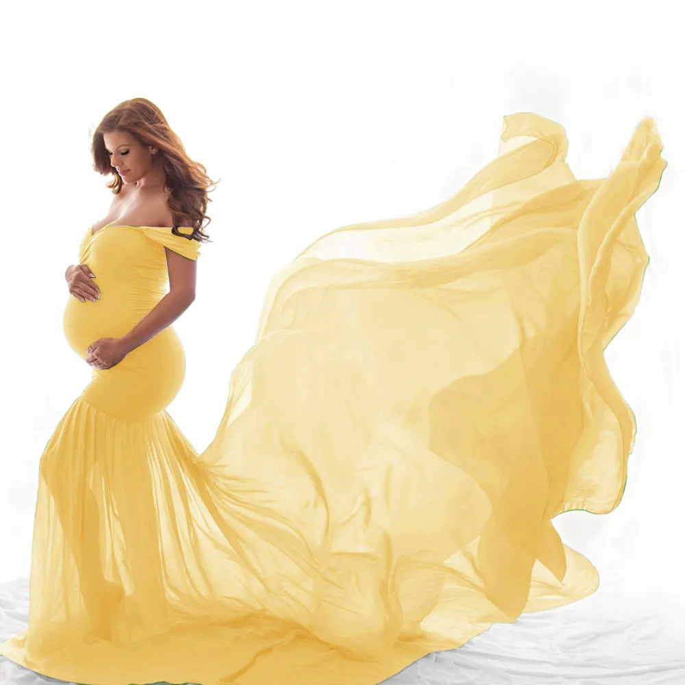 

Maternity Photography Props Pregnancy Cloth Cotton + Chiffon Maternity Off Shoulder Half Circle Gown shoot photo pregnant dress