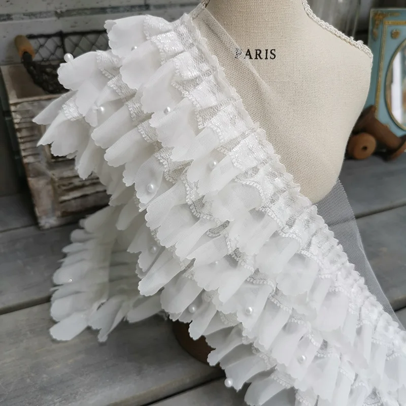 Шифоновое кружево с тремя слоями 13 см шириной плиссированное кружевные