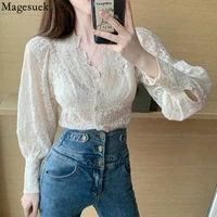 vintage flower apricot lace shirts for women sweet v neck lantern long sleeve blouse women slim elegant woman top mujer 16335