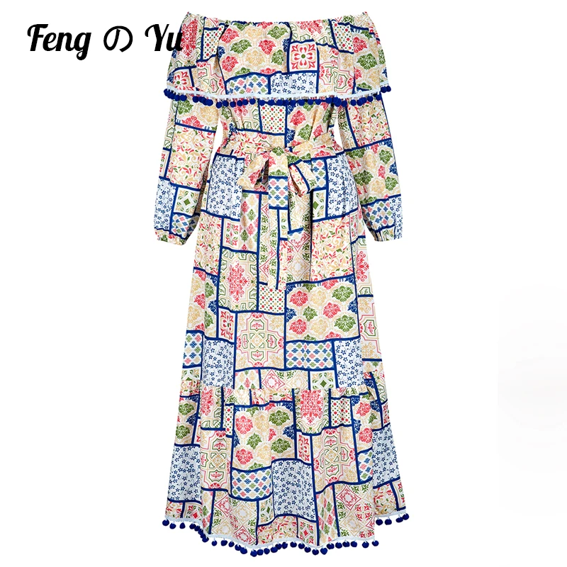 

Bohemian Autumn Blue and White Porcelain Printed Floral Midi Dress Women's Sexy Strapless Long Sleeve Elastic Waist Tie Dress