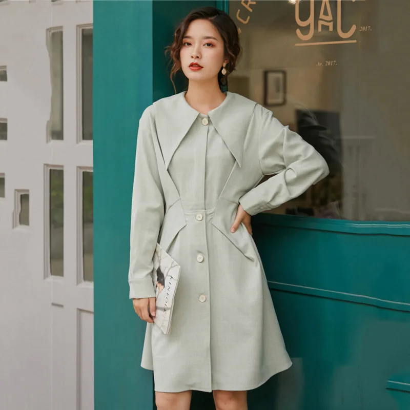 LANMREM 2020 Новое весеннее однобортное платье средней длины с отворотом женское