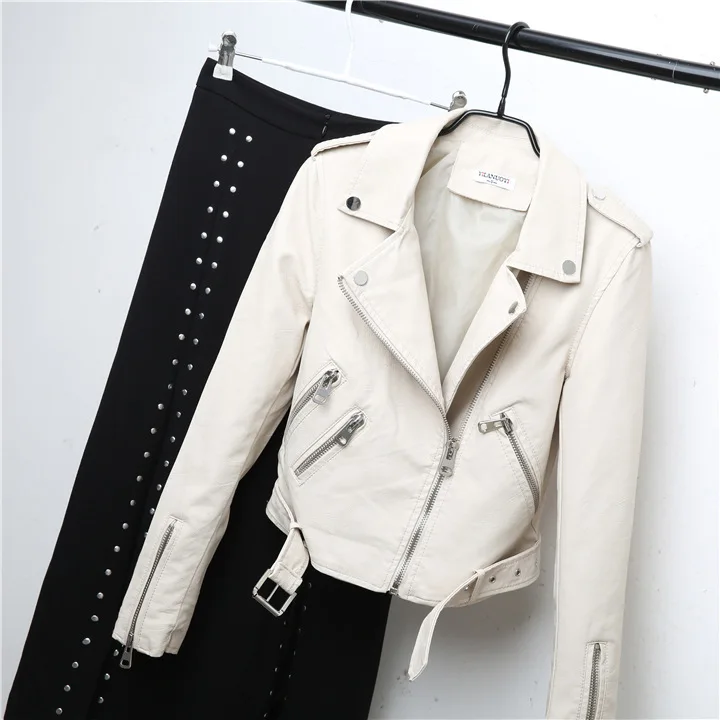 Metallic Leather Jacket Woman Motorcycle Short Jacket Lapel Asymmtrical Zipper Coat Punk Streetwear