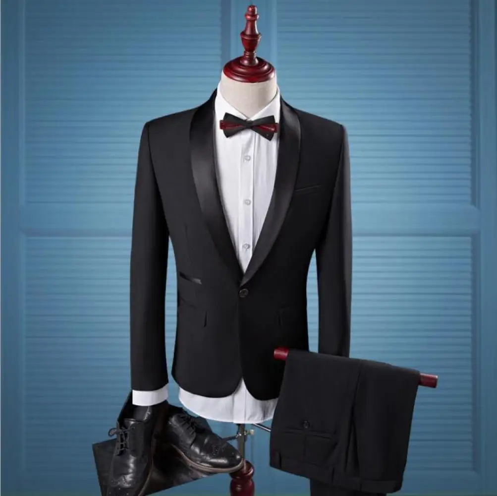 Simple Solid Color Mens Show Banquet Dress Two-piece Suit Blazer   Trouser Set Mens Business Casual Suit