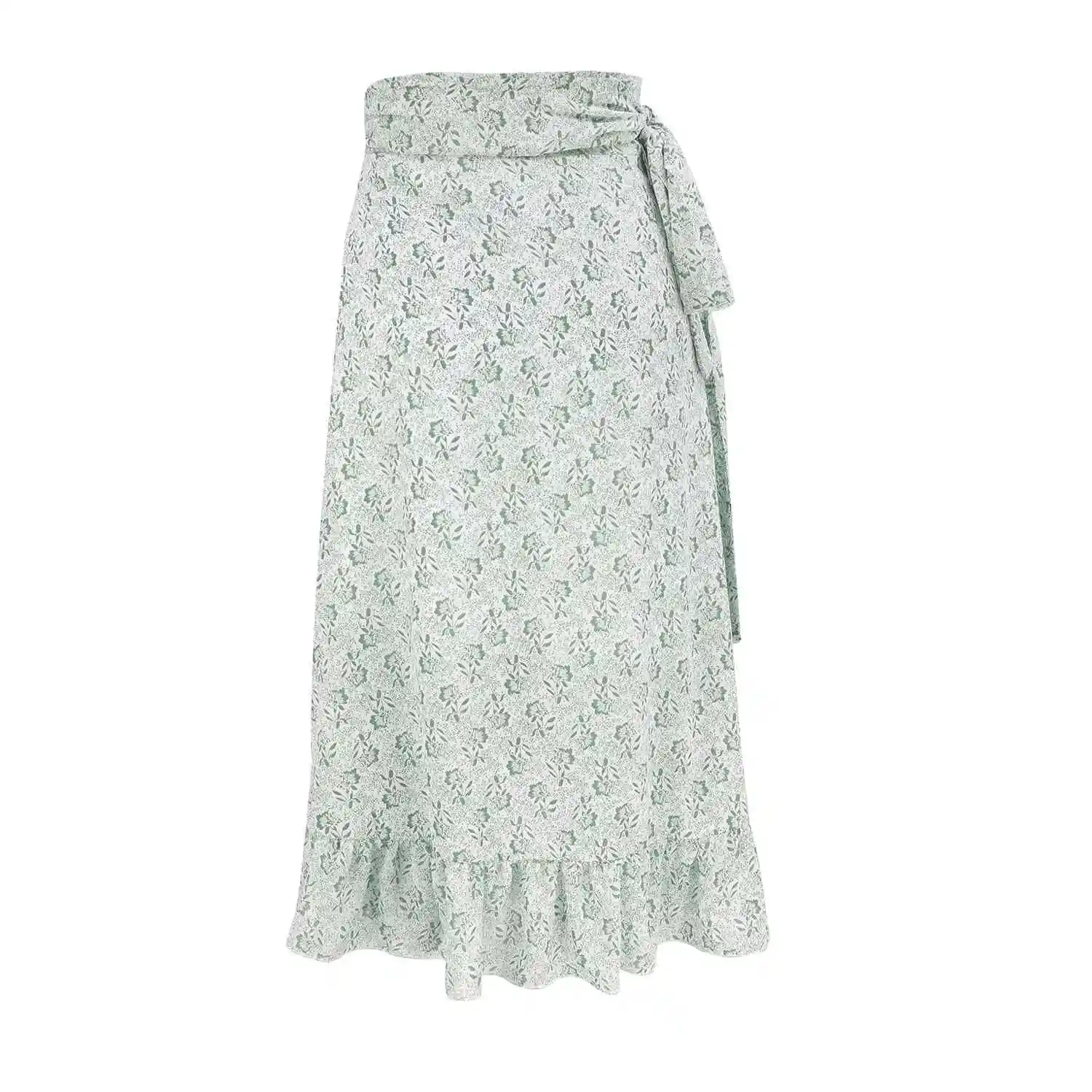 

Summer Ladies Floral High Waist Lotus Leaf Casual Skirt Retro Wrap Bowknot Ladies Skirt Green L Size