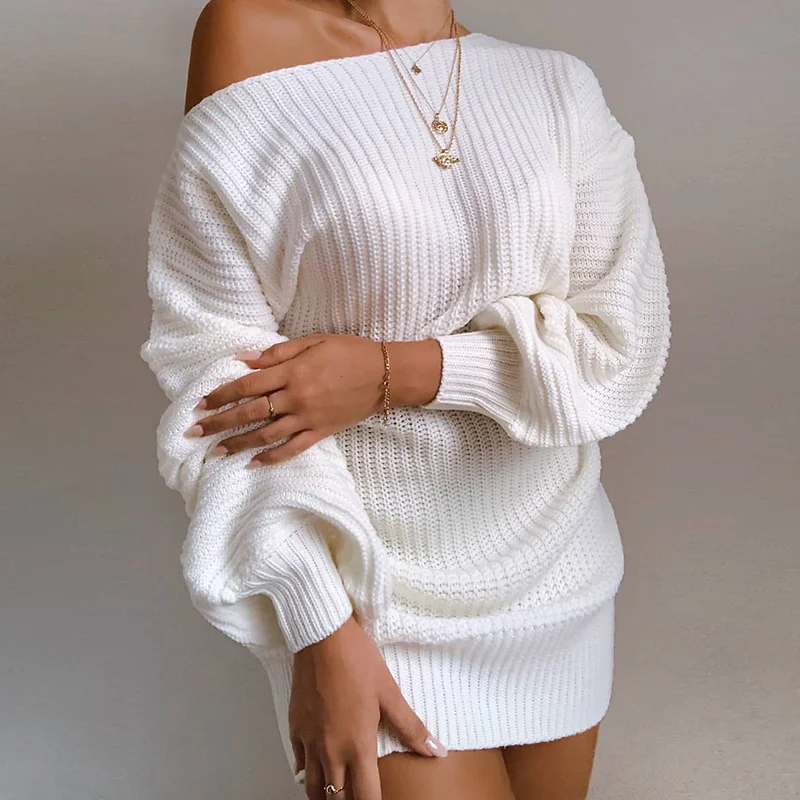 

Knit Sweater Dress Ladies Casual Strapless Lantern Sleeve Long Sleeve Party Wear Sexy Sexy Autumn And Winter Clothing 2021 New
