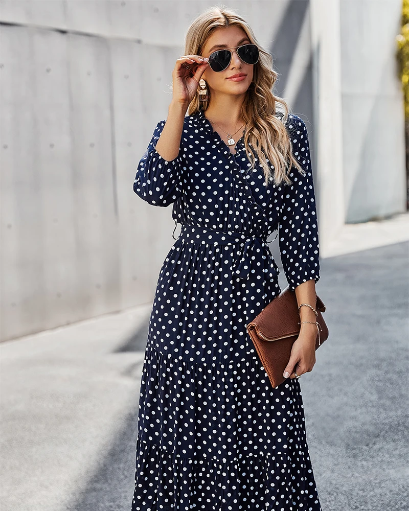 

Woman Dress 2021 New Spring Summer Casual Slim Ruffles A-Line Dress Vintage Sexy V-Neck Polka Dot Print Bandage Long Boho Dress