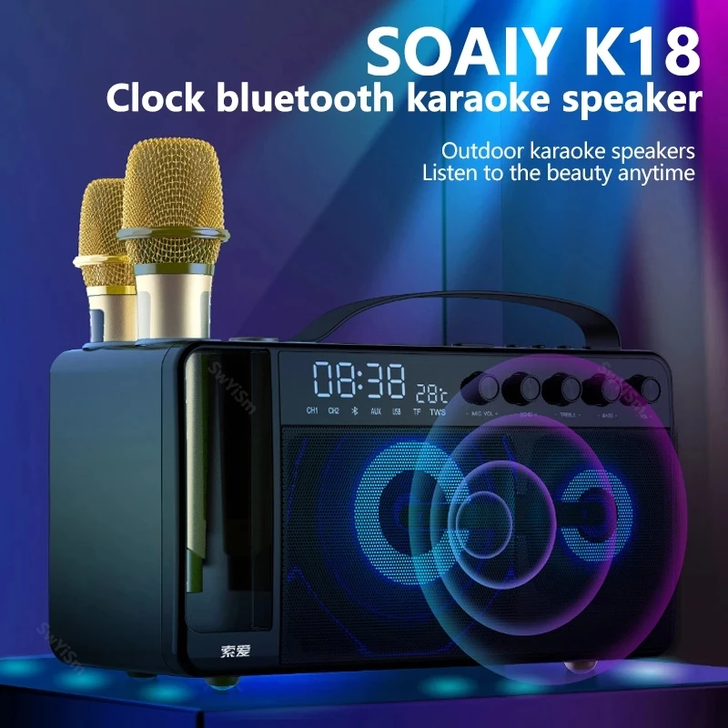 

Karaoke Wireless Bluetooth Sound Column Stereo Surround Subwoofer with Microphones Music System Center for TV Computer Outdoor
