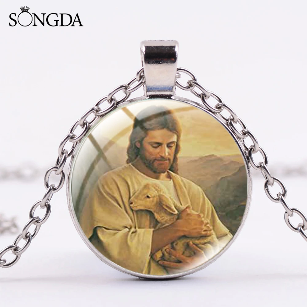 

SONGDA Trendy Jesus God Father Sheep Glass Cabochon Necklace Pendant For Christian Christmas Gift 5 Color Chains Jewelry