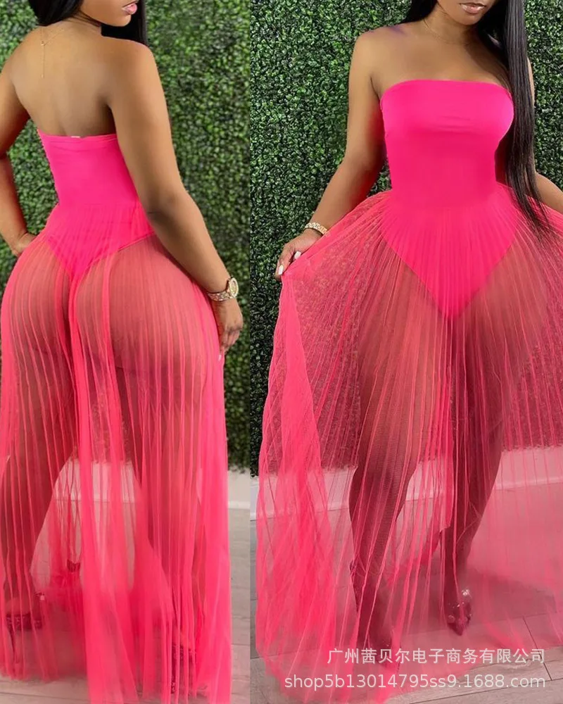 Женское безрукавное безбретельное платье макси с обернутой грудью из одного куска сексуальной прозрачной сетчатой ткани до пола.